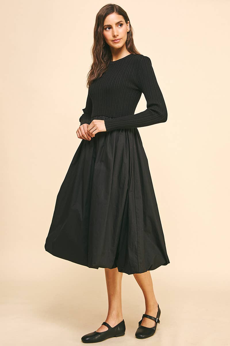 CONTRAST BALLOON MIDI DRESS Black