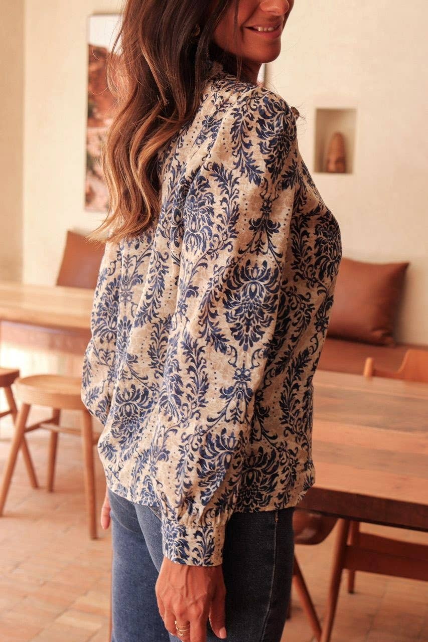 Bohemia Ethnic Floral Print Ruffle Neck Blouse: DarkBlue