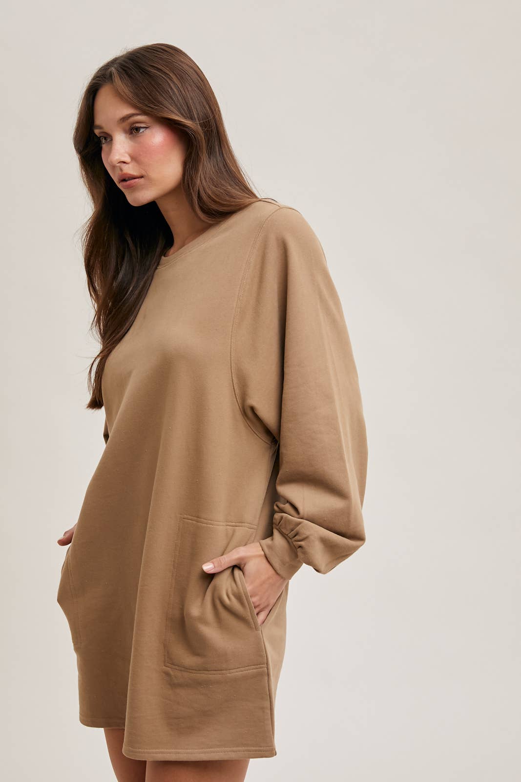 FRENCH TERRY MINI DRESS: LATTE