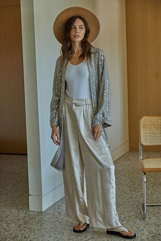 Woven Sequin Open Front Long Sleeve Cardigan: Dove Grey