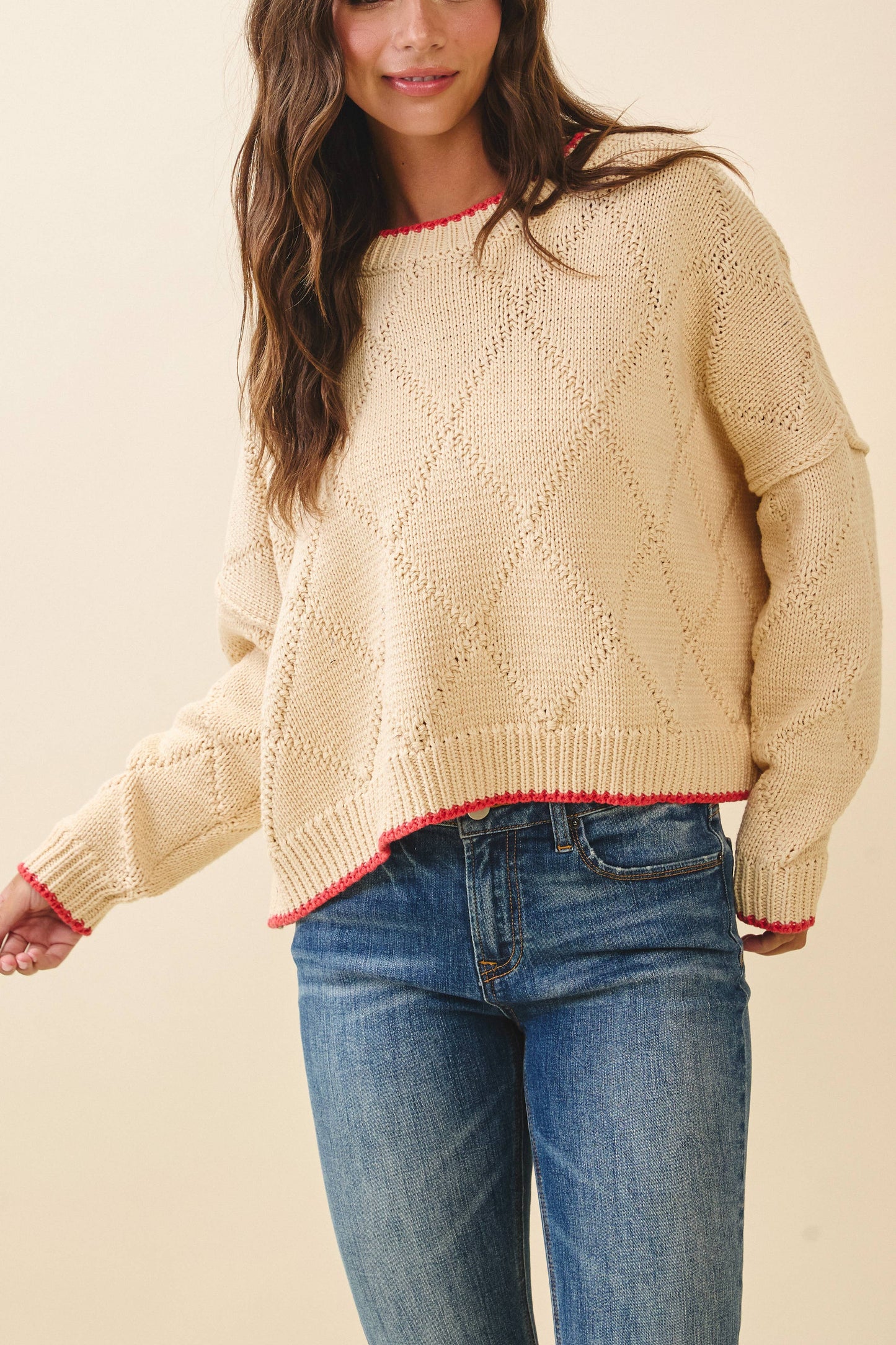 Diamond Knit Pullover Sweater: Oat