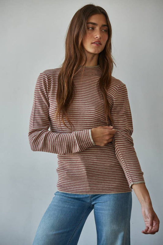 Knit Sweater Striped Mock Neck Long Sleeve Top: Taupe Red