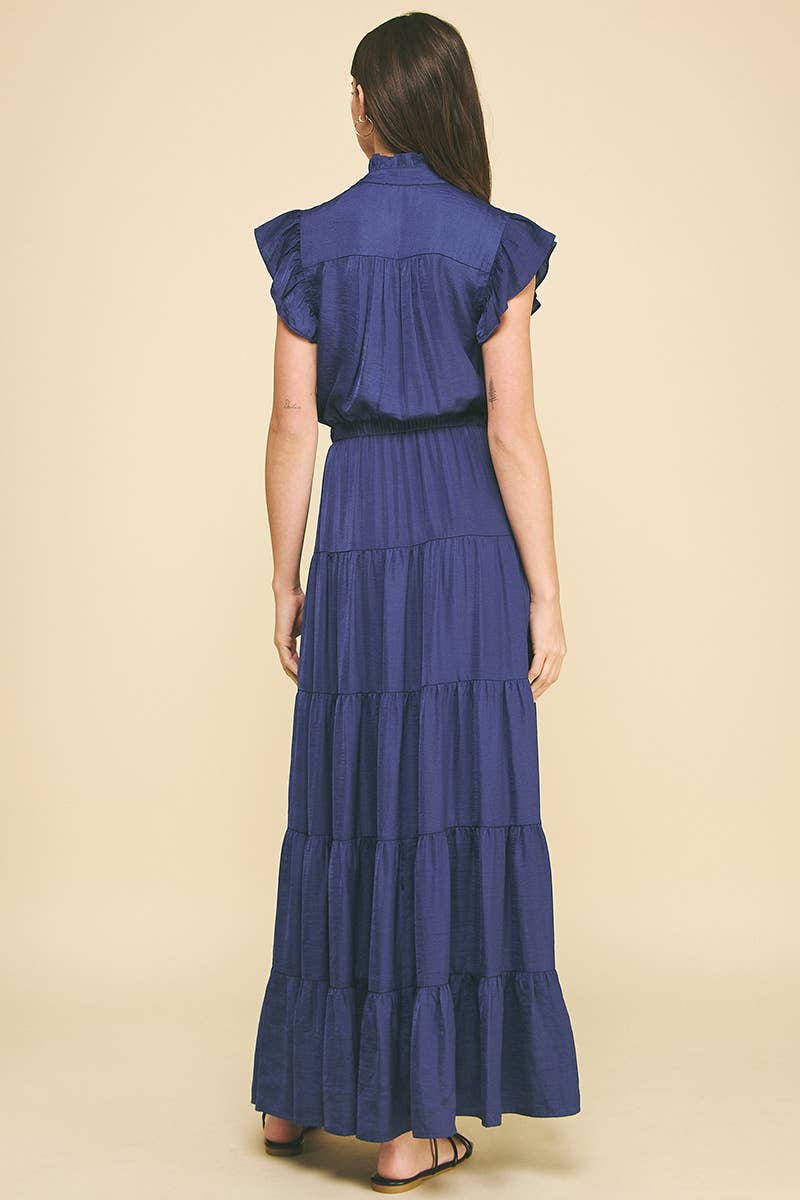 SATIN TIERED MAXI DRESS - NAVY