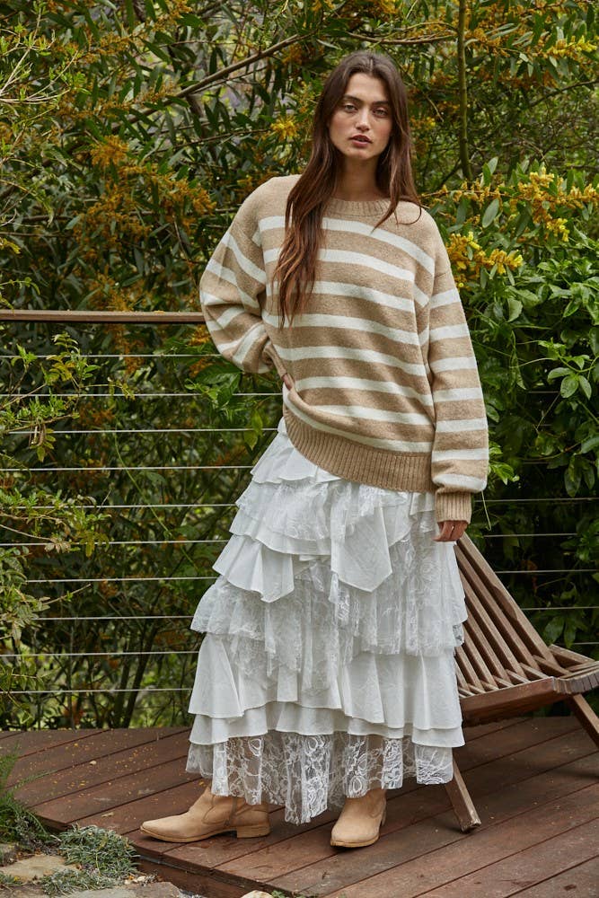 W1050 | Knit Oversized Striped Sweater Top: Mocha Ivory / Small