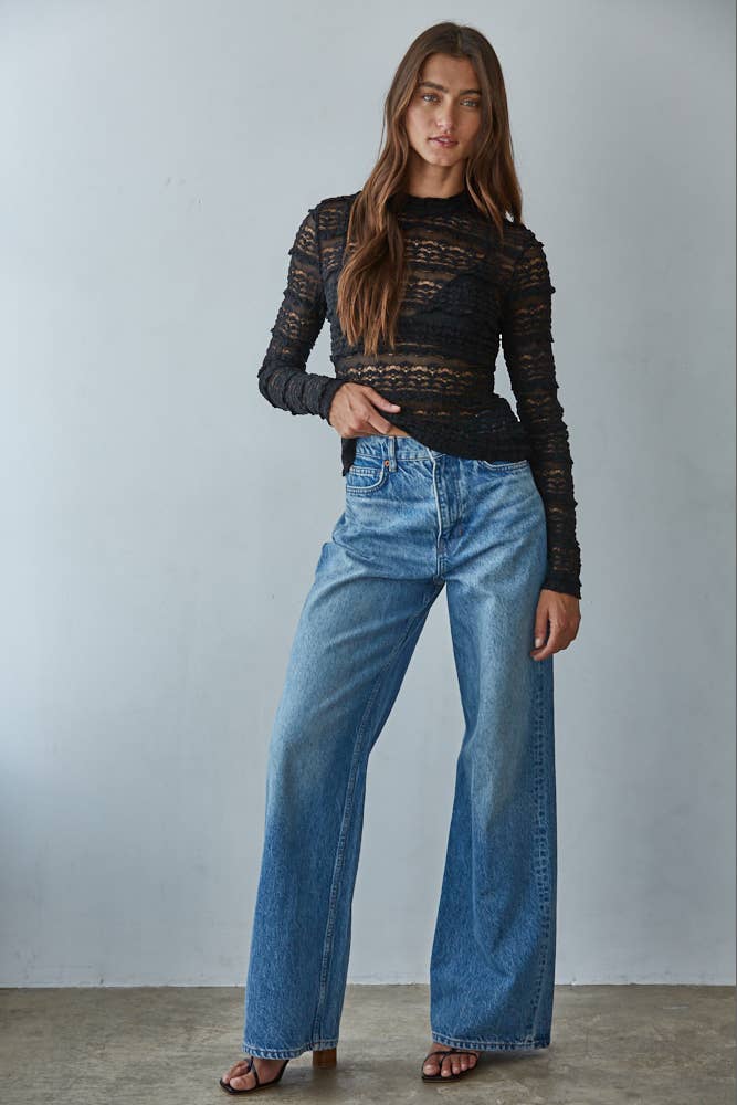 Woven Nylon Cotton Spandex Lace See Through Mock Top: Black