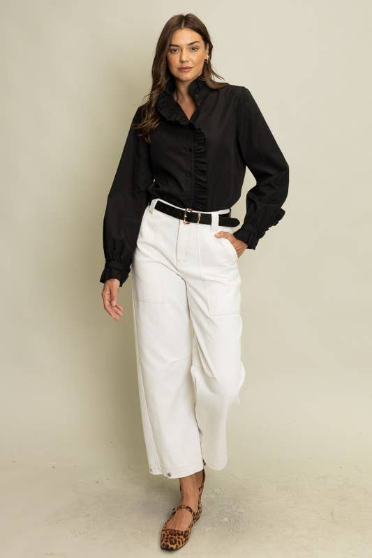 Ruffled Detail Button-Up Blouse: Black