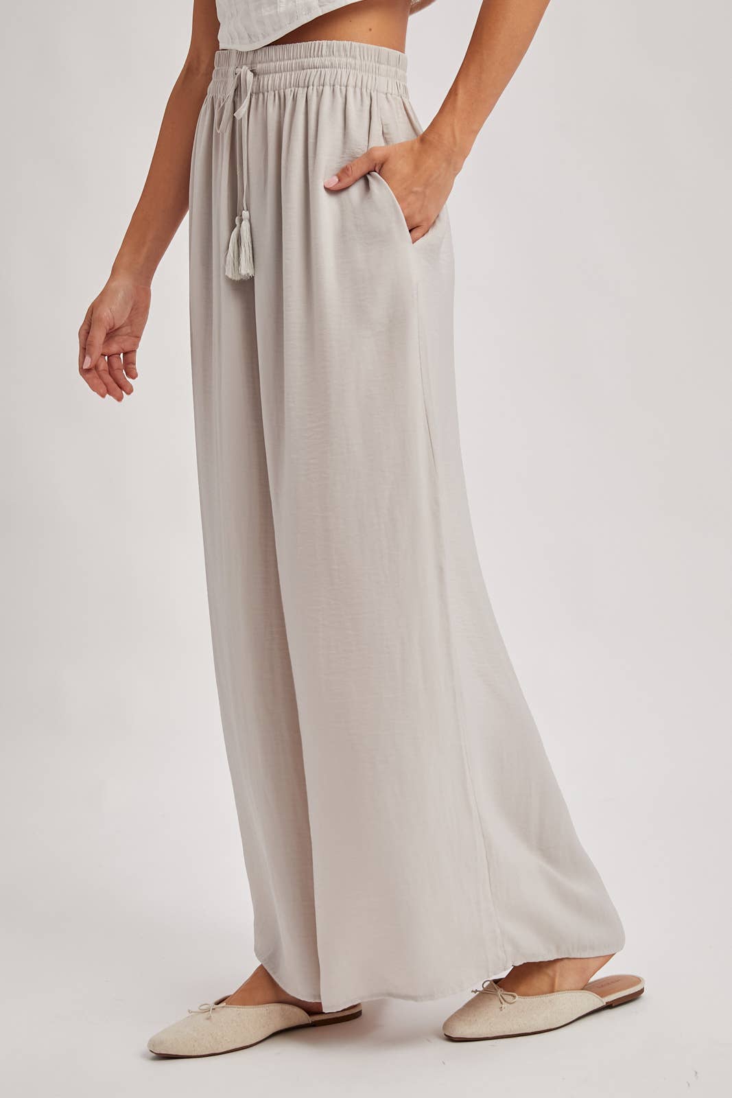 SILKY PALAZZO WIDE LEG PANTS: DOVE