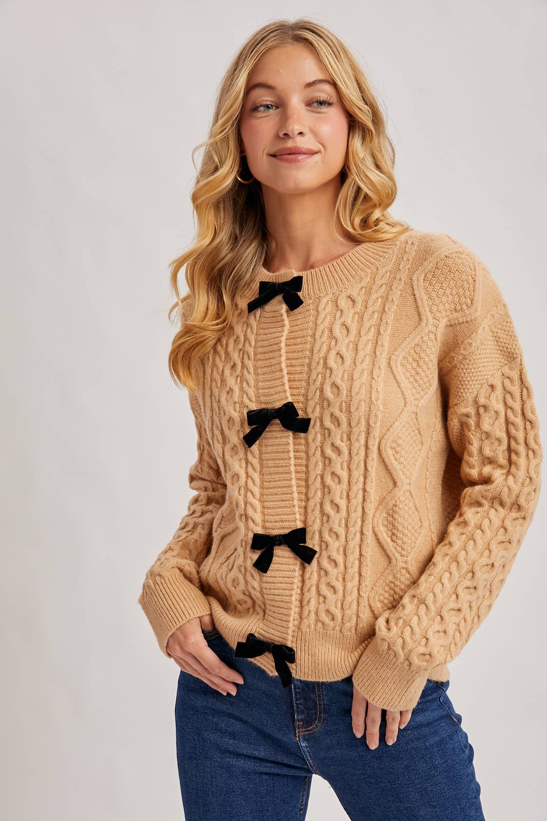 VELVET BOW BUTTON DOWN CABLE KNIT SWEATER CARDIGA