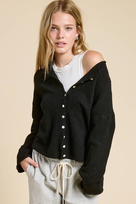 Essential Button Down Cardigan Top: Black