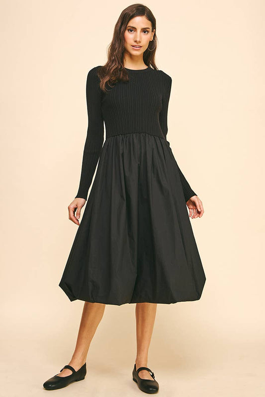 CONTRAST BALLOON MIDI DRESS Black