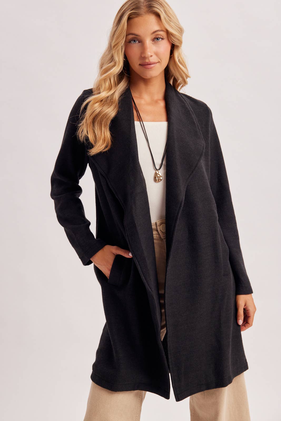 OPEN FRONT KNIT COAT JACKET: Black
