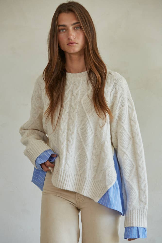 Knit Sweater With Attached Striped Shirt Detail: Cream Blue