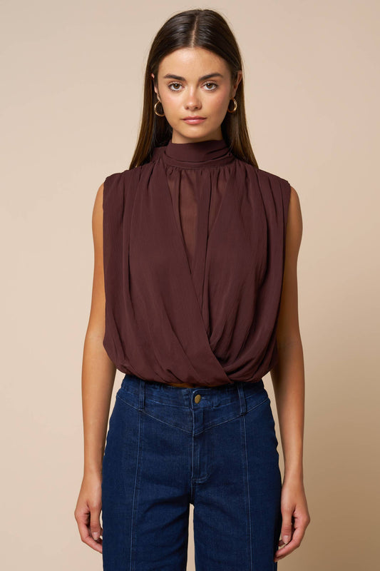 Draped Chiffon Mock Neck Sleeveless Top: DK CHOCOLATE