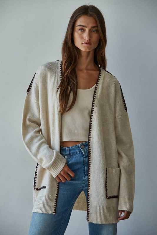 Knit Sweater Contrast Stitch Open Cardigan: Light Beige