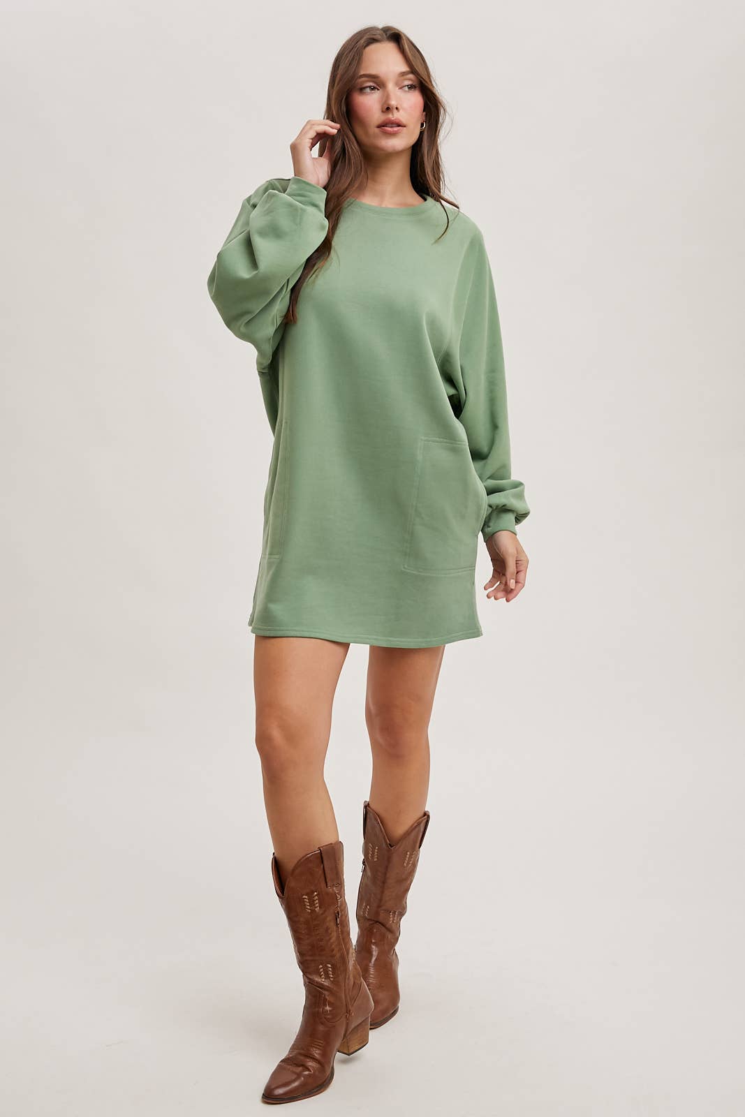 FRENCH TERRY MINI DRESS: SAGE