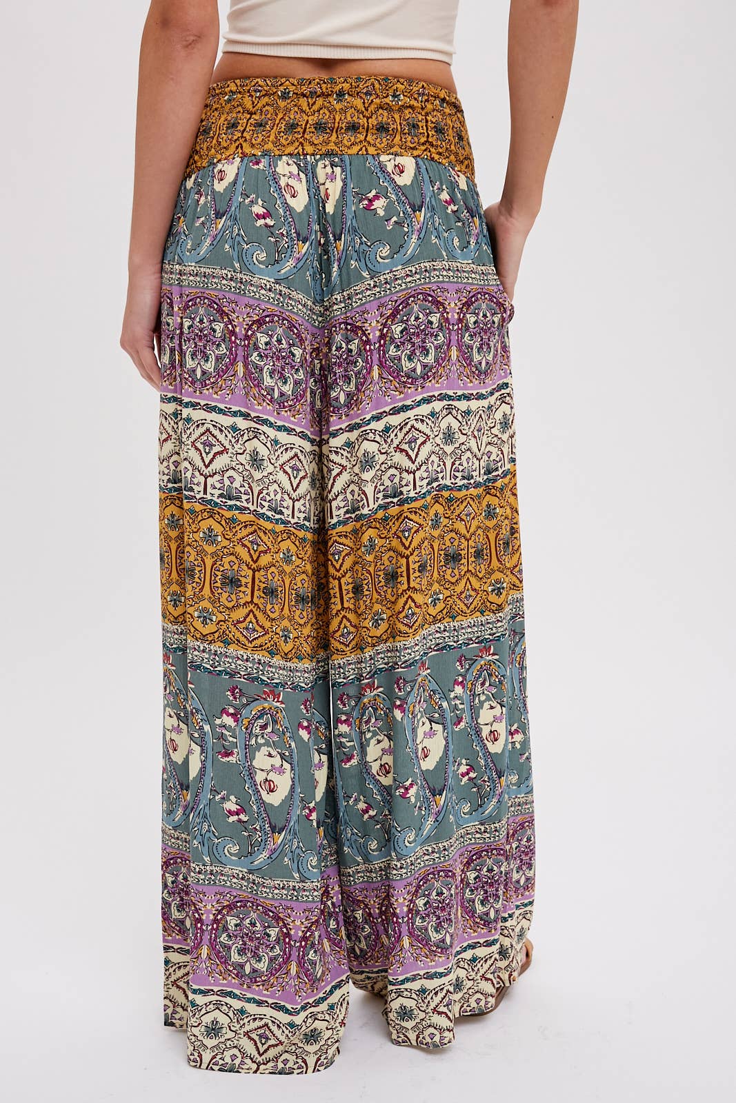 BOHO SMOCKING WAIST WIDE LEG PANTS: PINK/CLAY
