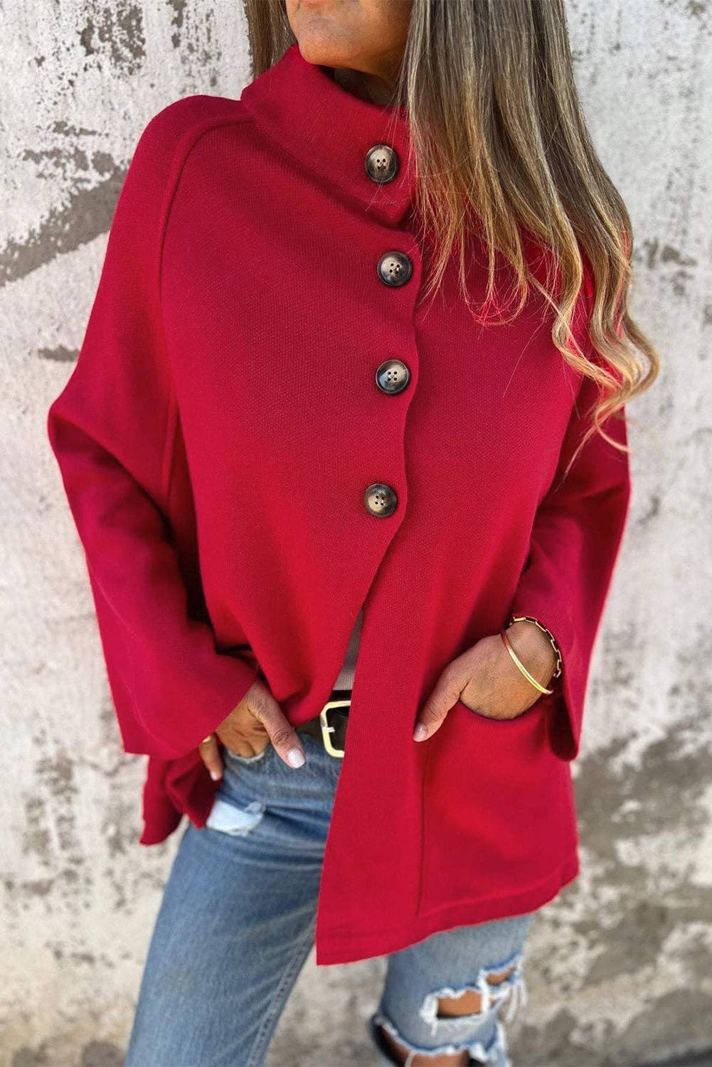 Fiery Red Collared Button Front Wrapped Cardigan Jacket: