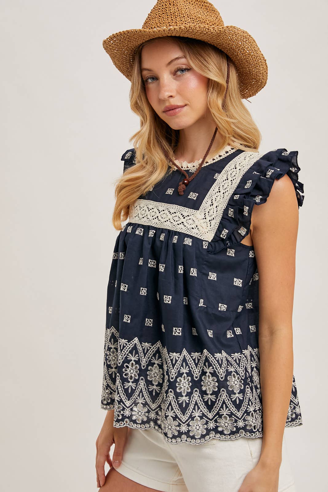 BOHO FLORAL EMBROIDERED BLOUSE TOP: NAVY / S