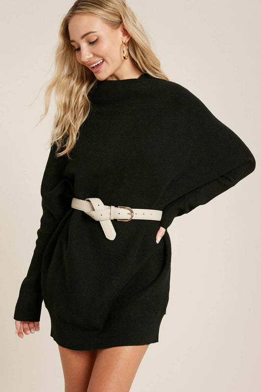 SLOUCH NECK DOLMAN TUNIC SWEATER: BLACK