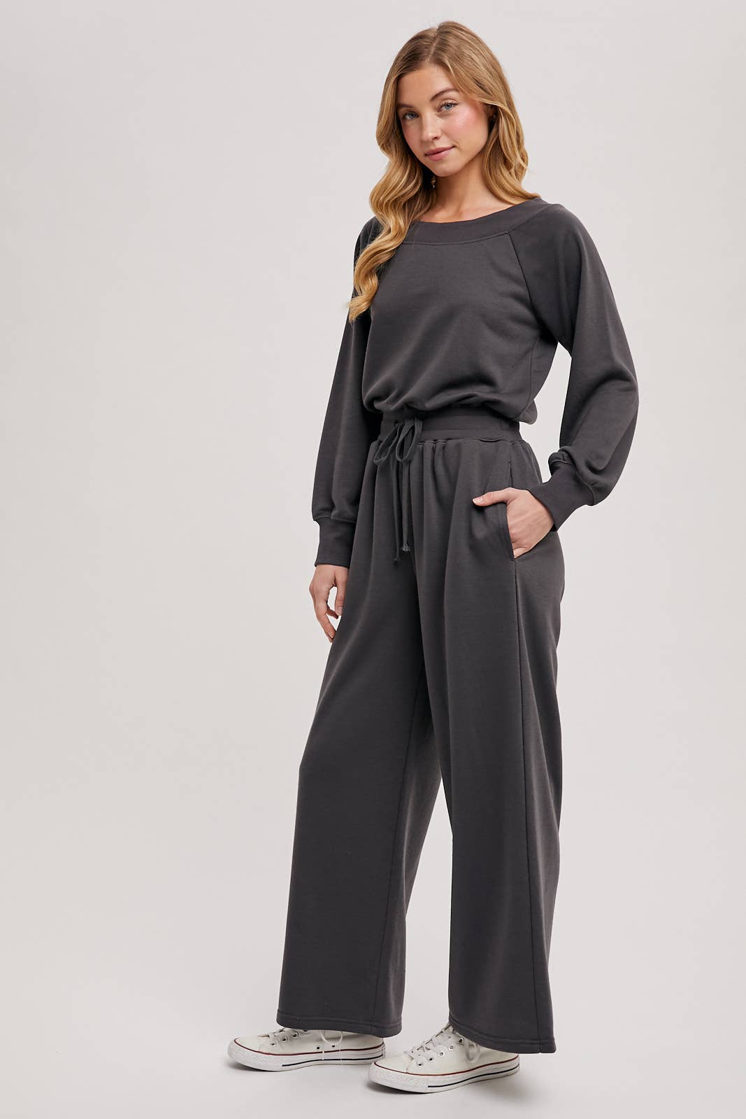 WIDE NECK OFF THE SHOULDER KNIT JUMPSUIT: ASH