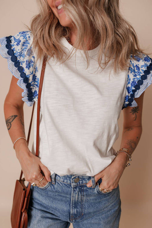 Trim Flutter Sleeve Contrast Patchwork Blouse: Blue