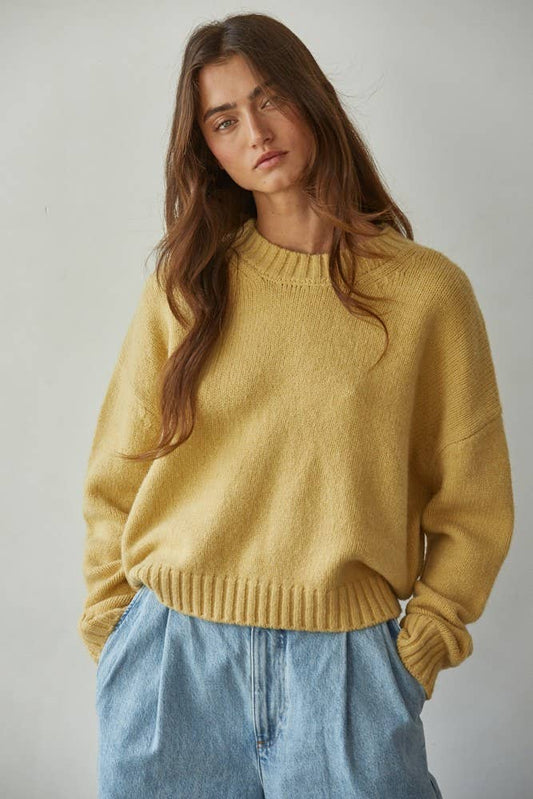 Knit Sweater Crew Neck Long Sleeve Pullover Top: Honey