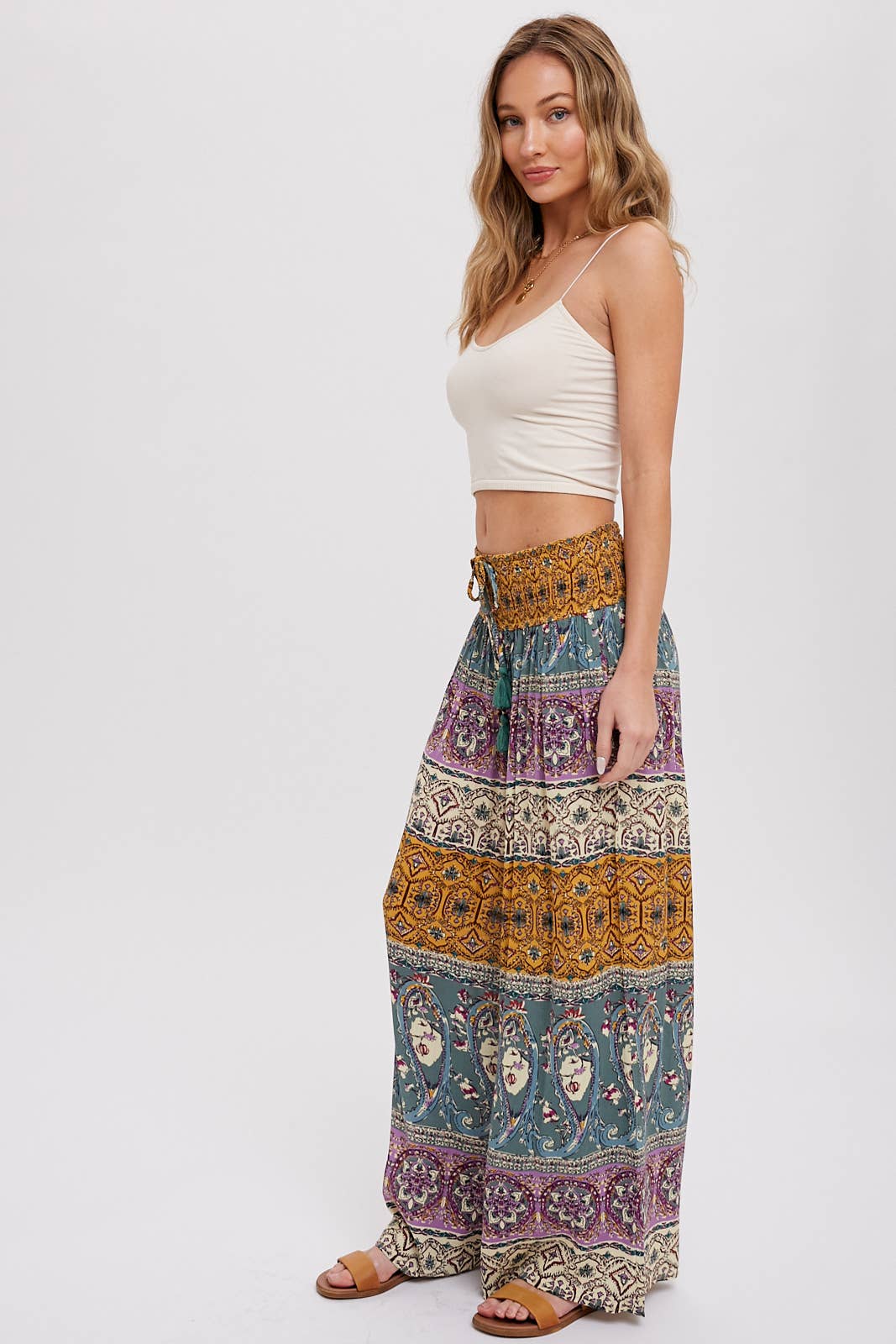 BOHO SMOCKING WAIST WIDE LEG PANTS: PINK/CLAY