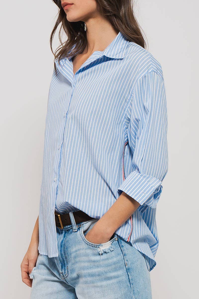 Striped Twill Tape Detail Statement Button Shirt: BLUE STRIPE / S-2/M-2/L-2