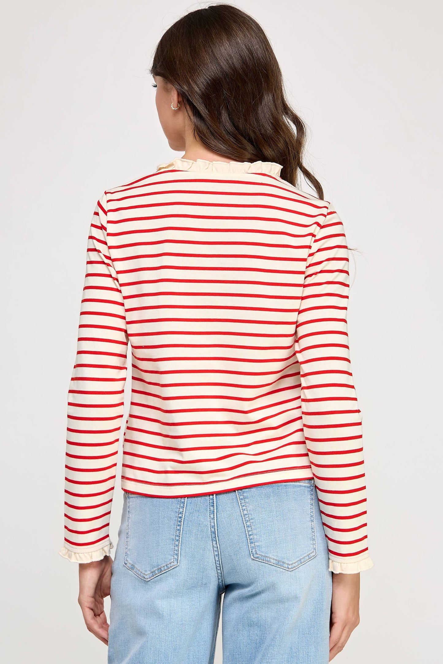TT-10481-6 RUFFLE DETAIL STRIPED HENLEY TOP-CREAM RED