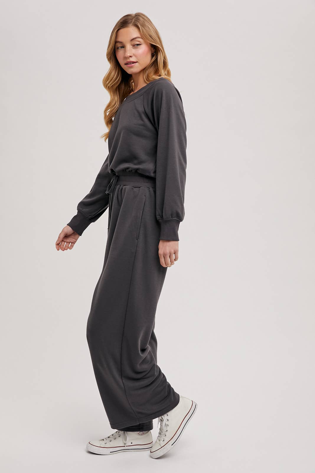 WIDE NECK OFF THE SHOULDER KNIT JUMPSUIT: ASH