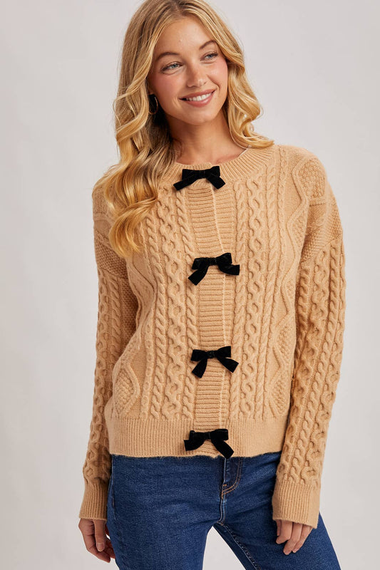 VELVET BOW BUTTON DOWN CABLE KNIT SWEATER CARDIGA