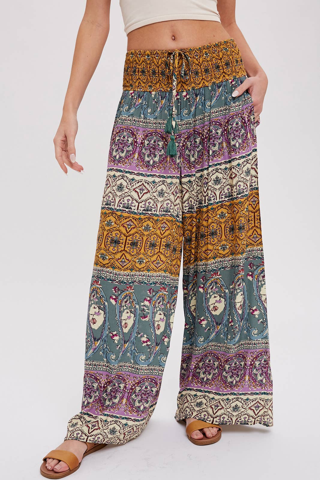 BOHO SMOCKING WAIST WIDE LEG PANTS: PINK/CLAY