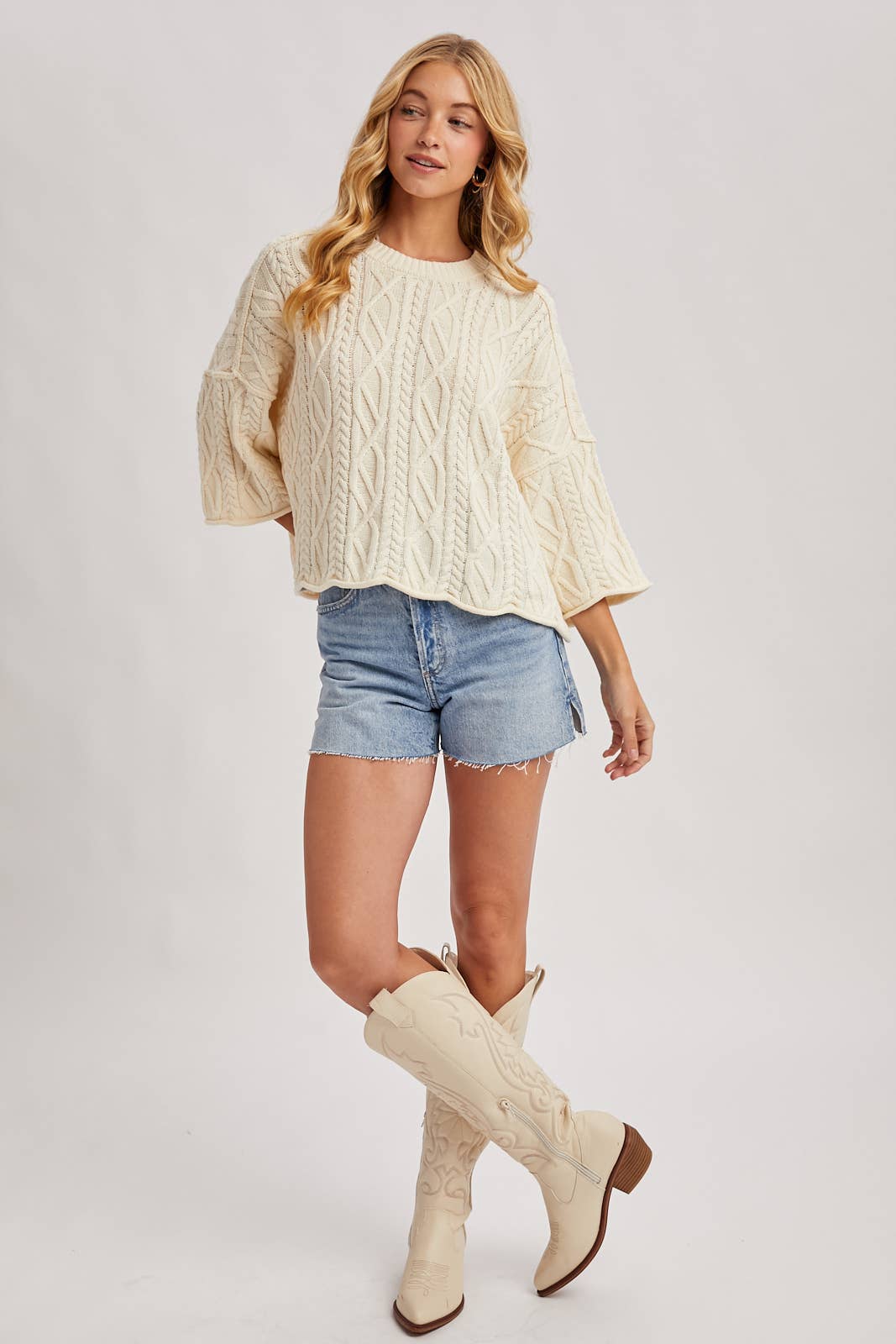 OVERSIZED BELL SLEEVE CABLE KNIT SWEATER: CREAM