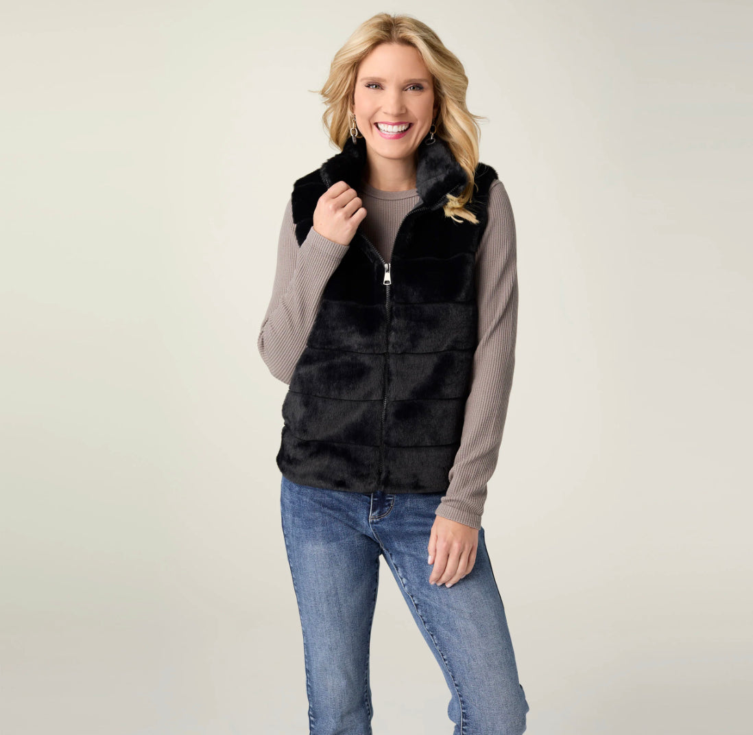 CHARLAINE FAUX FUR VEST WITH POCKETS-BLACK