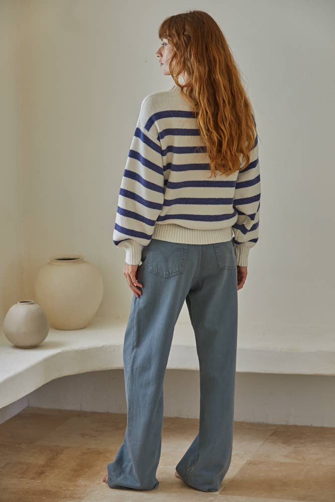Knit Oversized Striped Sweater Top: Ivory Blue