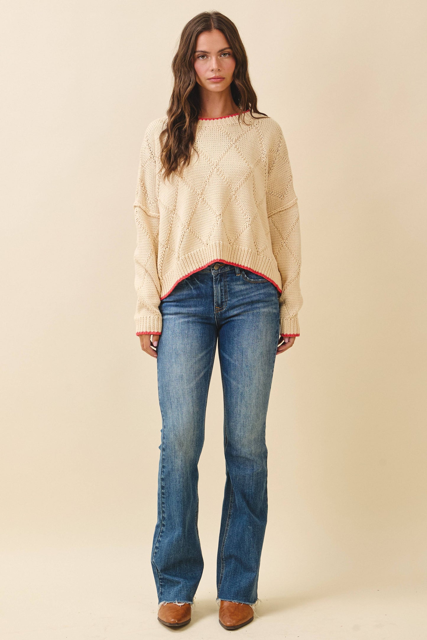 Diamond Knit Pullover Sweater: Oat