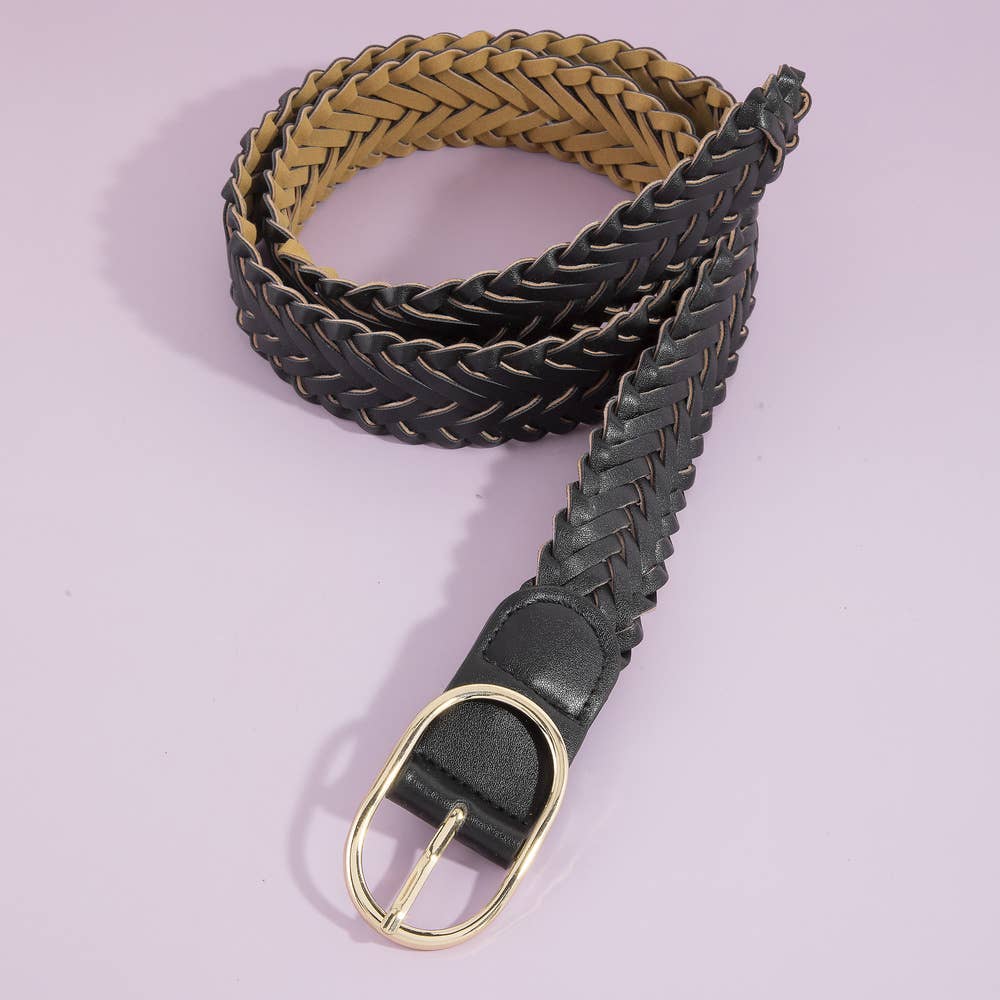 Wide Braided Vegan Leather Oval Buckle Belt: BK