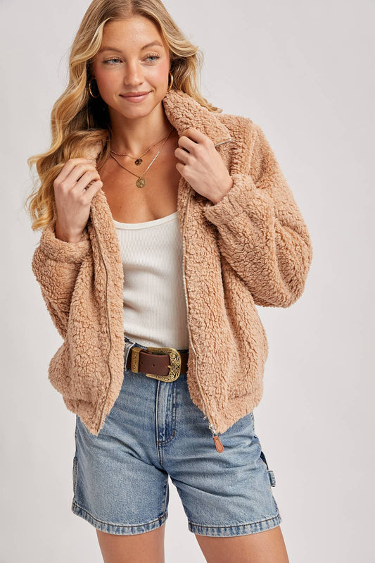 FLEECE ZIP UP TEDDY JACKET: LATTE