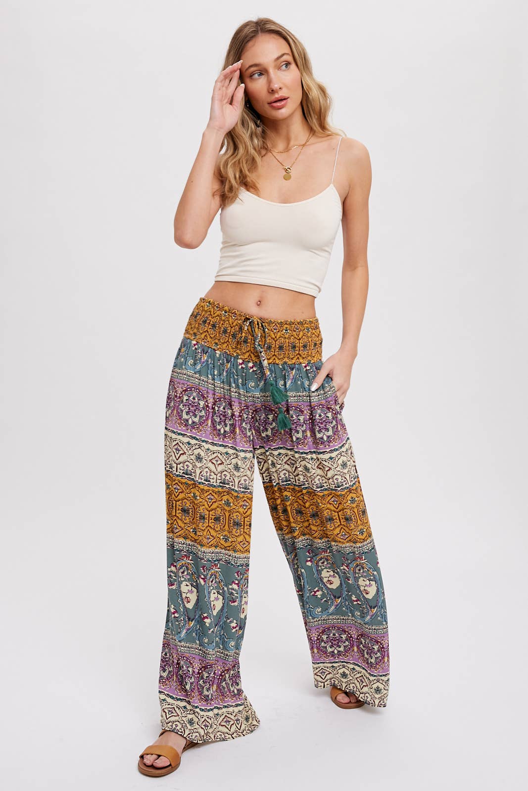 BOHO SMOCKING WAIST WIDE LEG PANTS: PINK/CLAY
