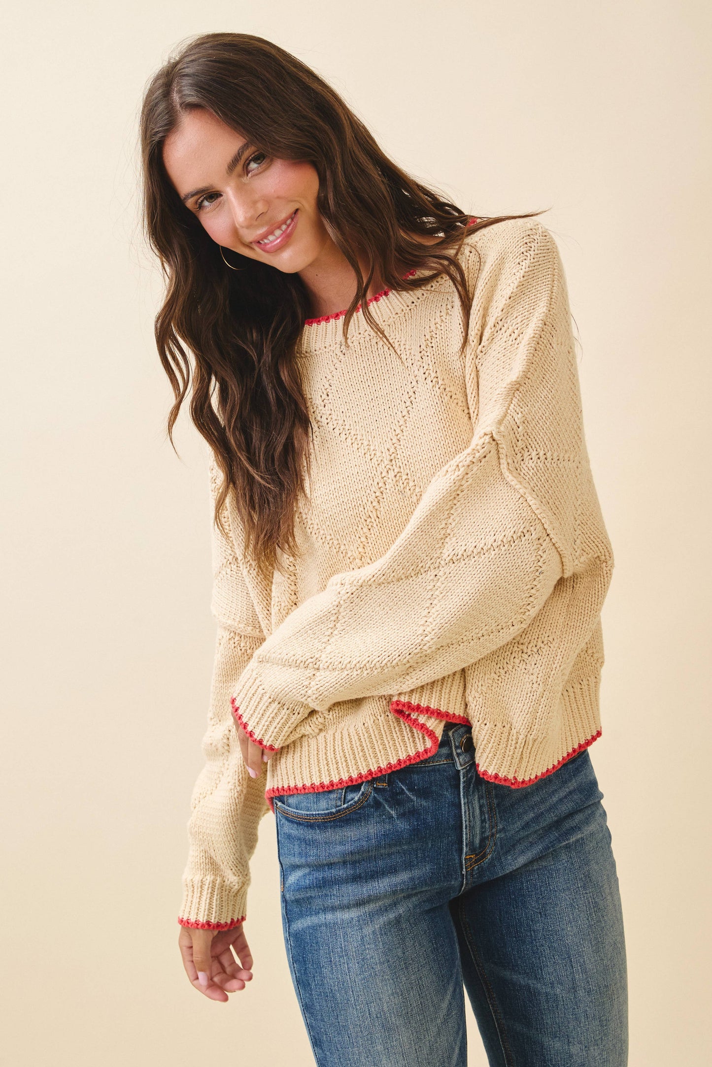 Diamond Knit Pullover Sweater: Oat