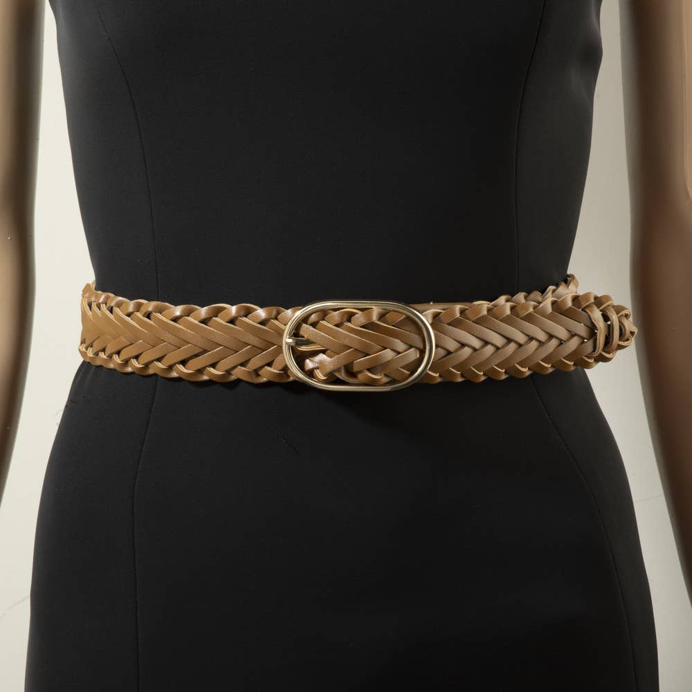 Wide Braided Vegan Leather Oval Buckle Belt: BR