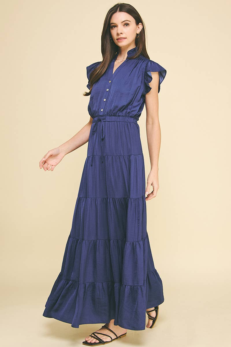 SATIN TIERED MAXI DRESS - NAVY