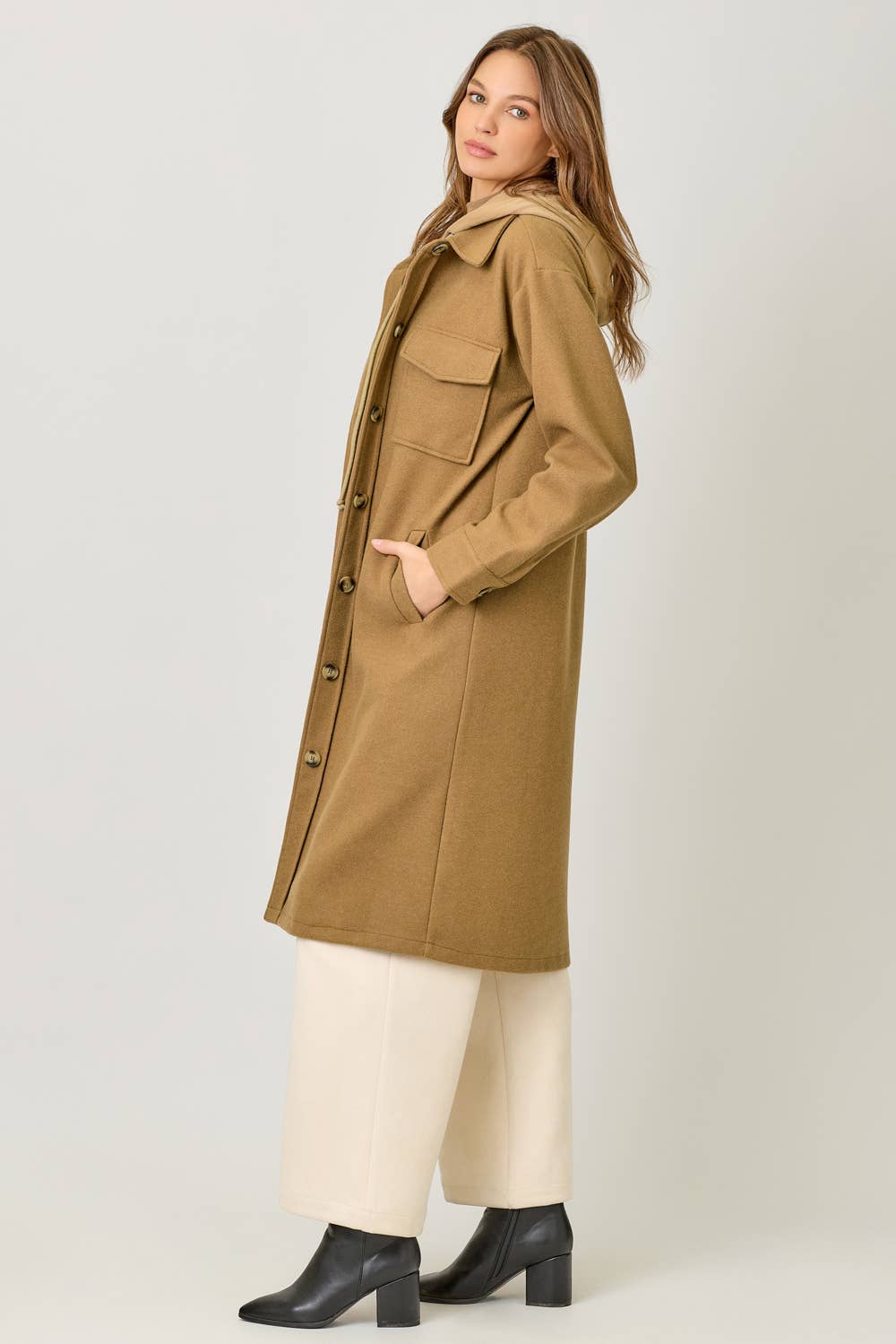 Twofer Hoodie Solid Coat: Camel