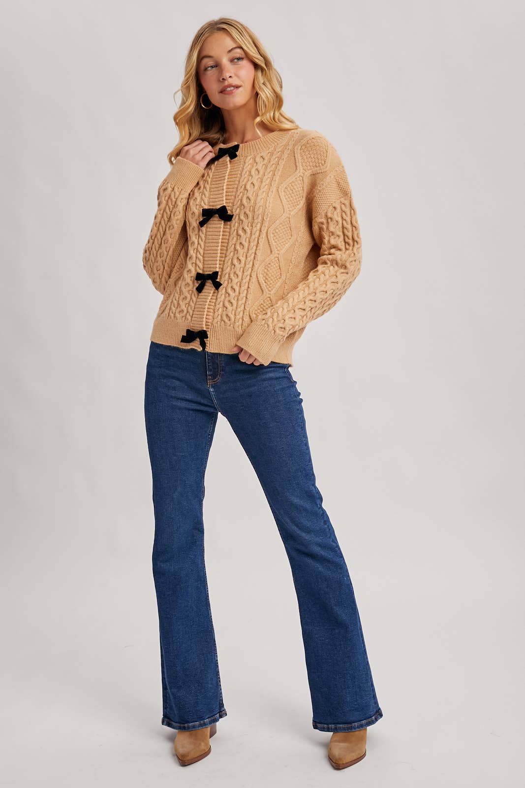 VELVET BOW BUTTON DOWN CABLE KNIT SWEATER CARDIGA
