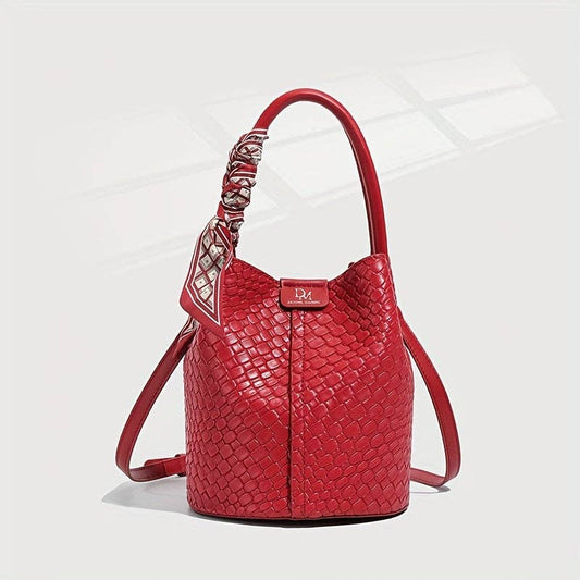 Bucket Bag | Woven Shoulder and Crossbody Bag with Adjustable Detachable Strap : Red