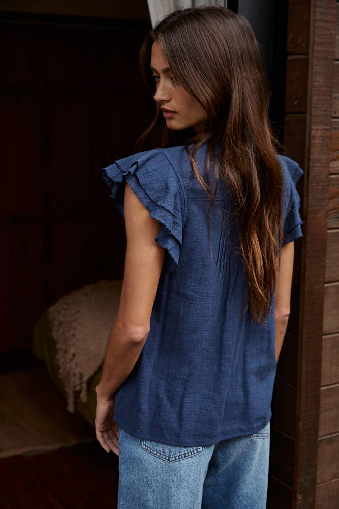 L6502 | Woven Cotton Linen Button V-Neck Short Sleeve Top: Navy