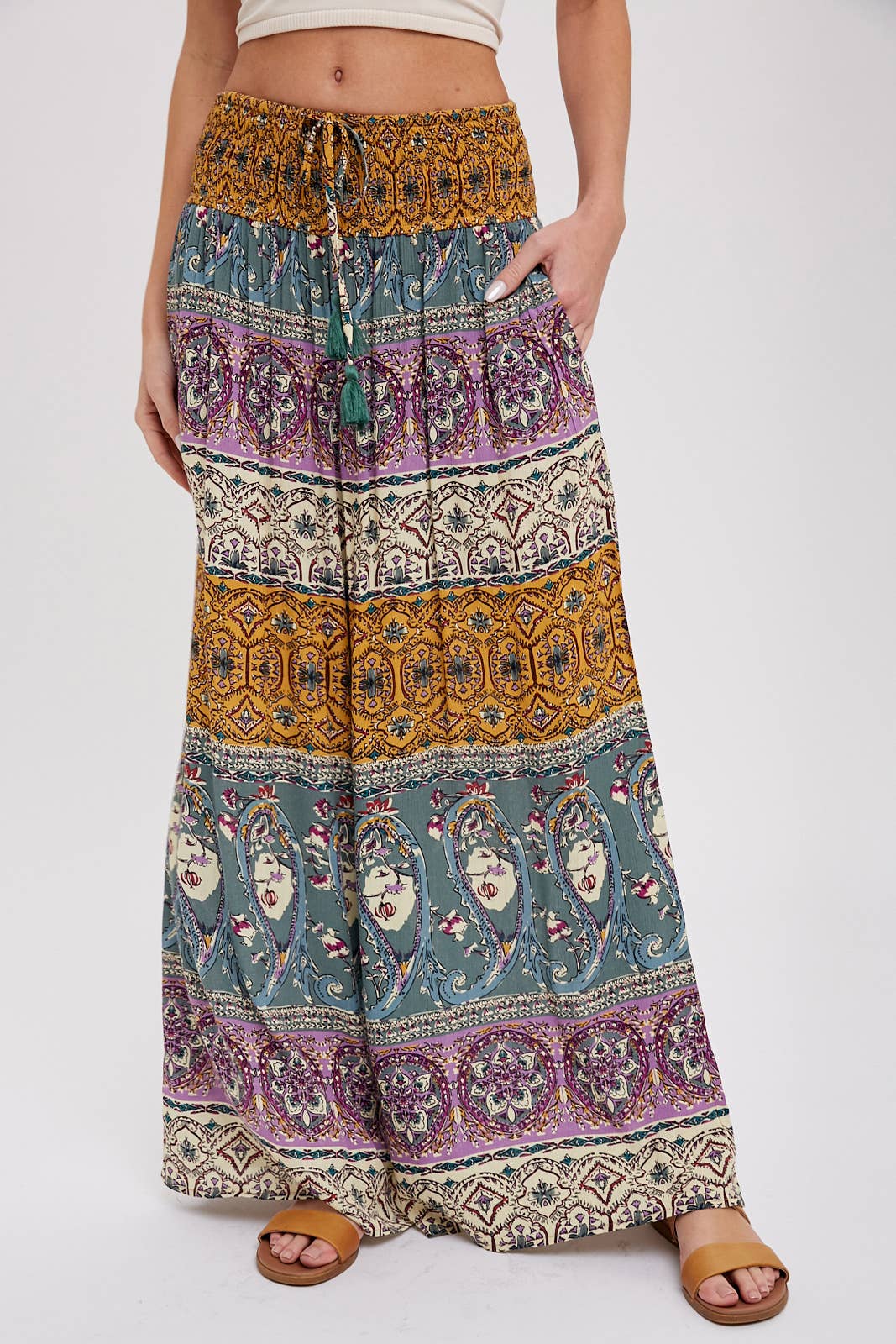 BOHO SMOCKING WAIST WIDE LEG PANTS: PINK/CLAY