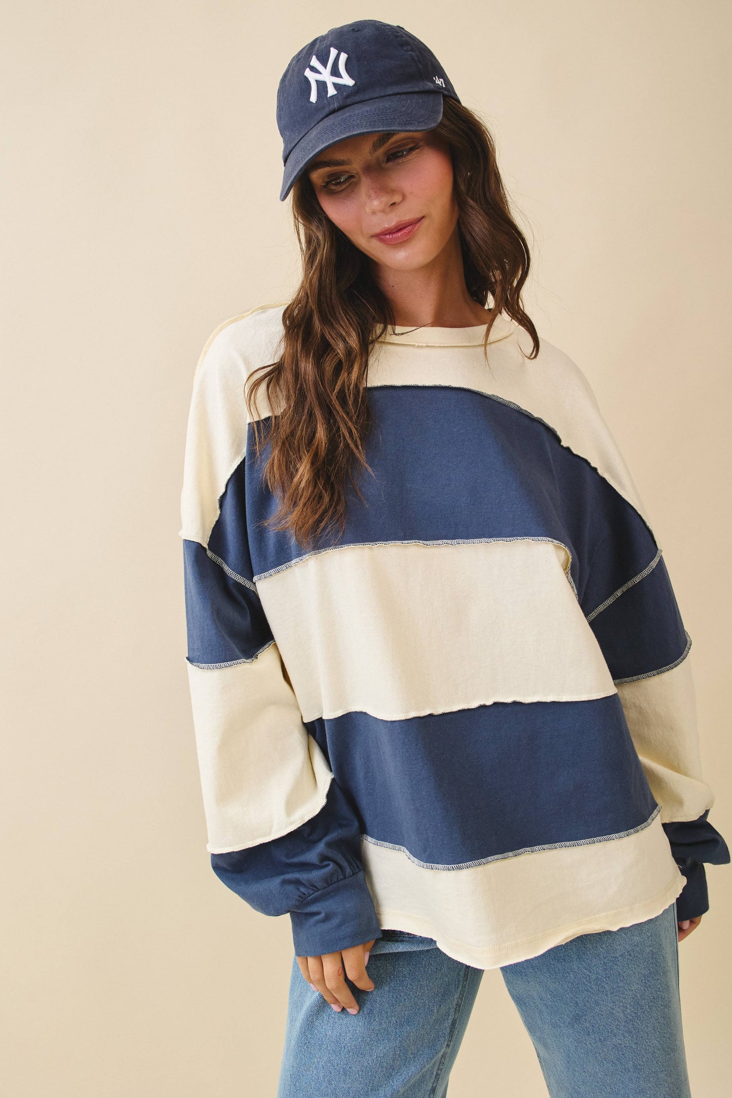 Contrast Panel Long Sleeve Slouchy Top: