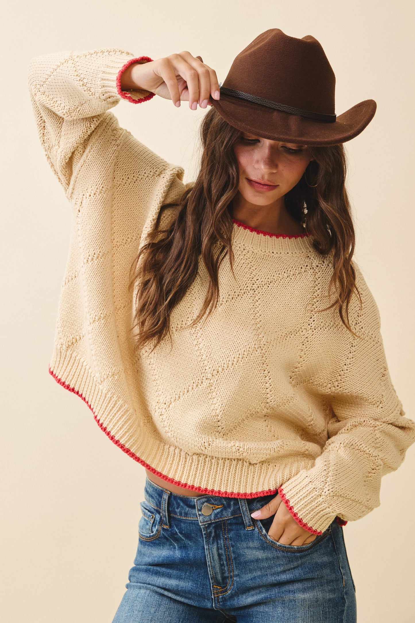 Diamond Knit Pullover Sweater: Oat