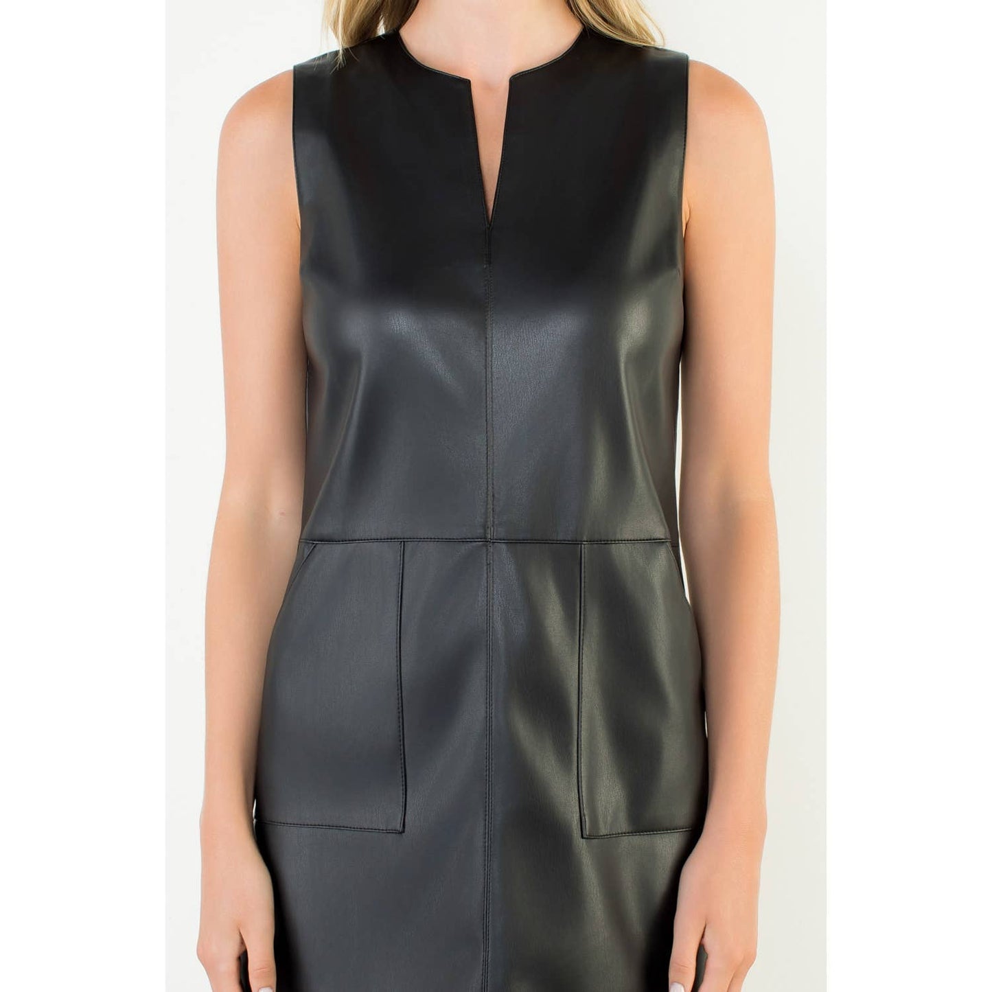 Sleeveless Faux Leather Pocket Mini Dress: BLACK